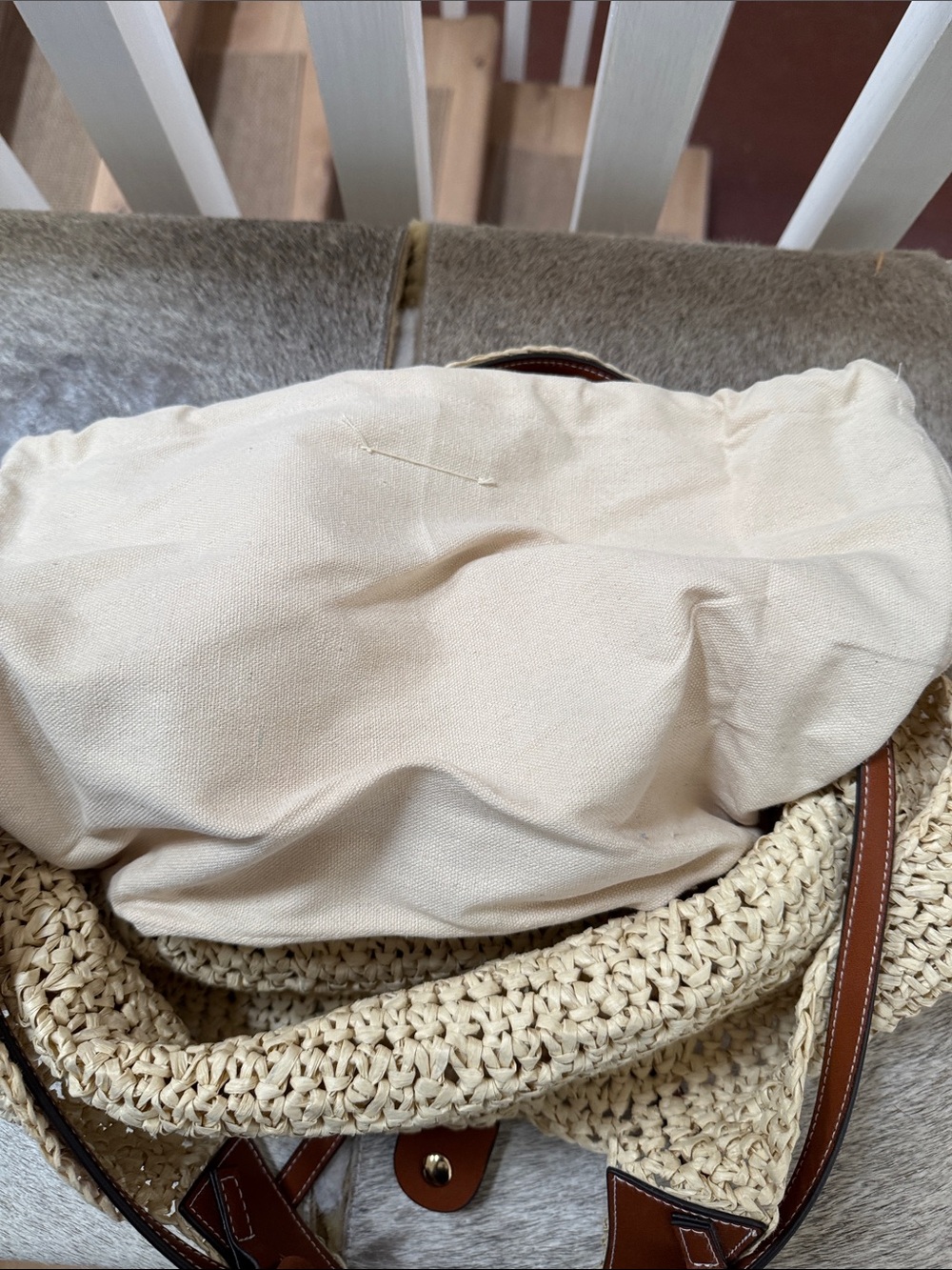 Mango Woven Straw Tote Bag with Brown faux Leather Straps - Picture 8 of 11